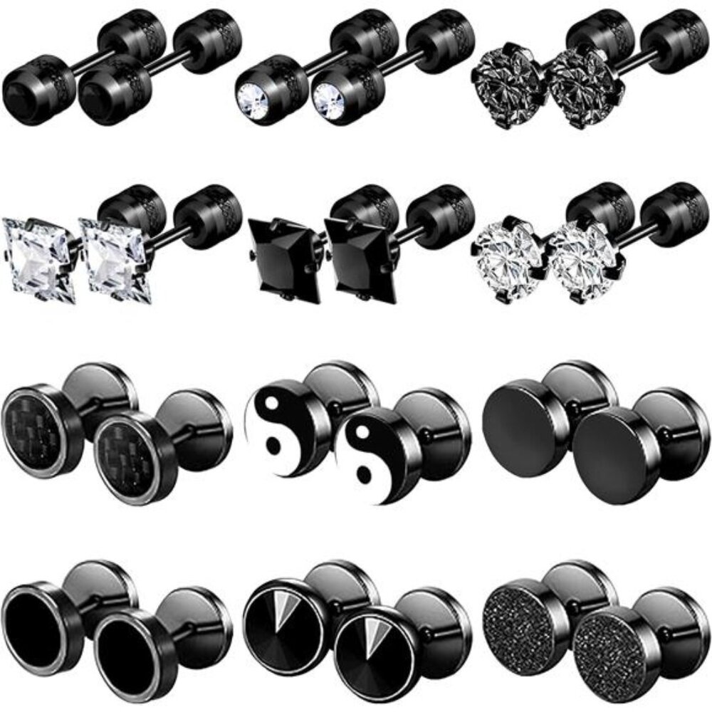12 Pairs Stainless Steel Stud Earrings for Men Hypoallergenic Earrings